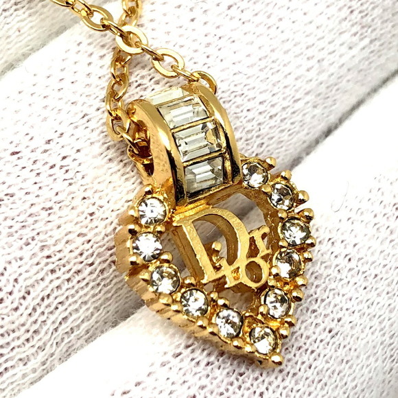 CHRISTIAN DIOR necklace gold logo heart rhinestone lady's accessories - Picture 5 of 8